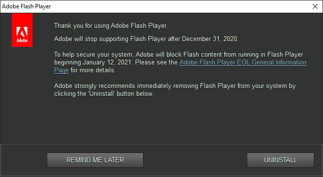 Adobe Flash met fin au support et met fin à une époque 2 Avis de fin de support d'Adobe Flash Player sous Windows 10