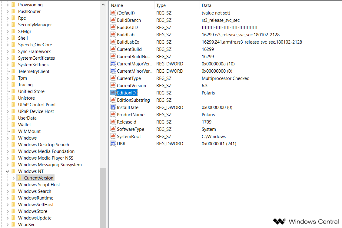 Une ancienne version de Windows Core "Polaris" fuit en ligne 2 Confirmation Polaris dans l'éditeur de registre du système d'exploitation Windows Core