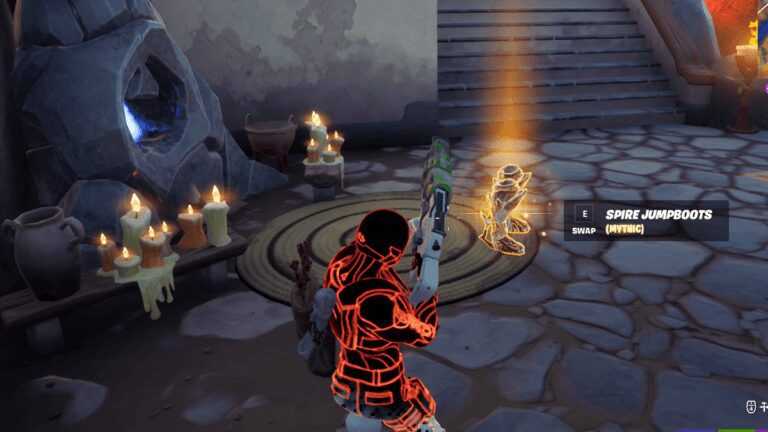 Comment obtenir les bottes de saut Mythic Spire dans Fortnite Chapter 2 Season 6 15 A Fortnite Character looking at some Mythic Spire Jump Boots.