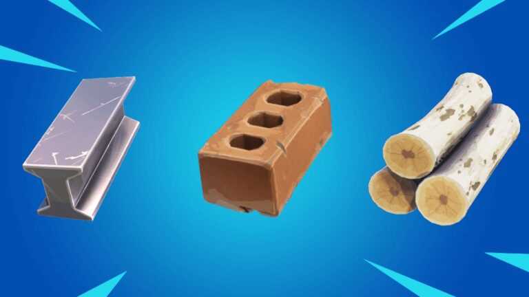 Meilleurs endroits pour collecter du bois, de la pierre et du métal dans Fortnite Chapter 2 Season 6 | Guide des jalons Fortnite 7 All resources on a Fortnite item background.