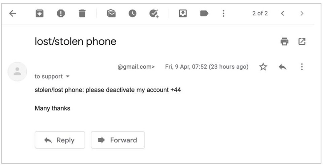 Email de l'attaquant pour bloquer le compte Email de l'attaquant pour bloquer le compte