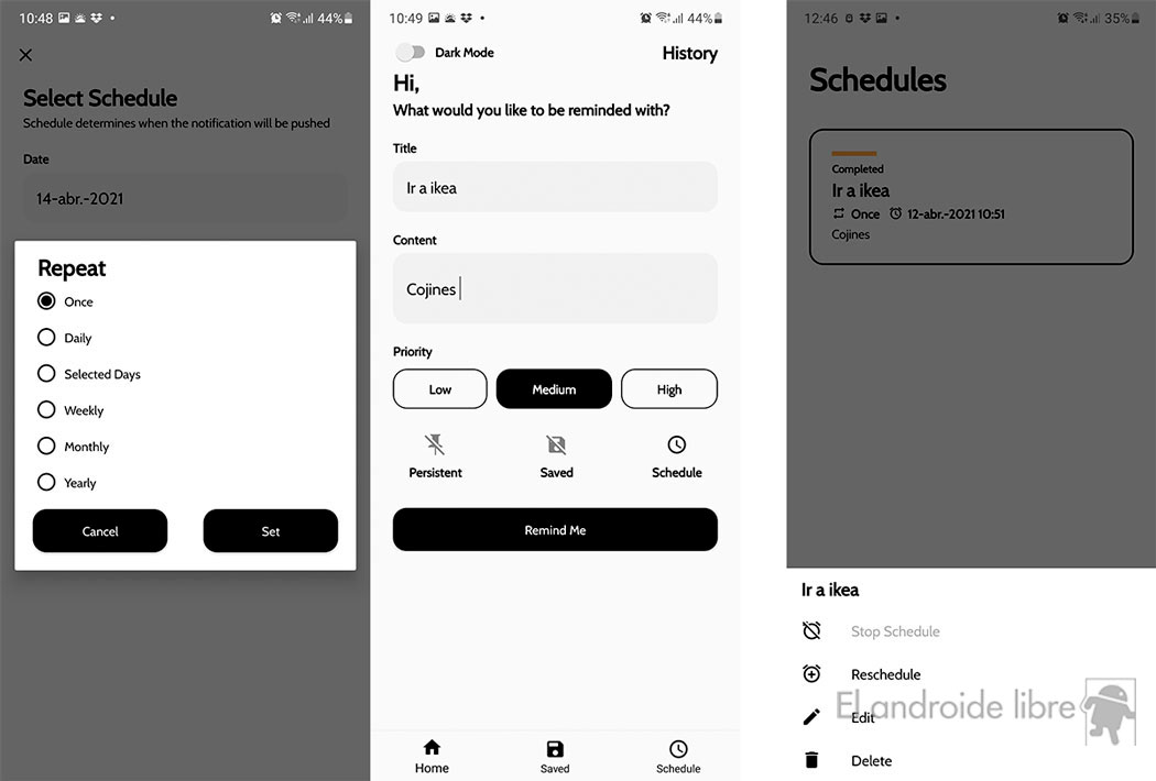 Options de l'application Reminder Me