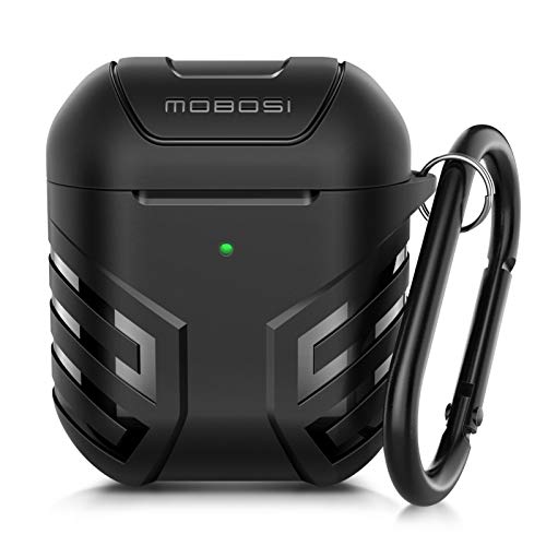 MOBOSI Military AirPods Case Cover Conçu pour AirPods 2 & 1, étui de protection complet du corps de la série Vanguard Armor AirPod avec porte-clés pour étui de chargement sans fil AirPods, noir [Front LED Visible]