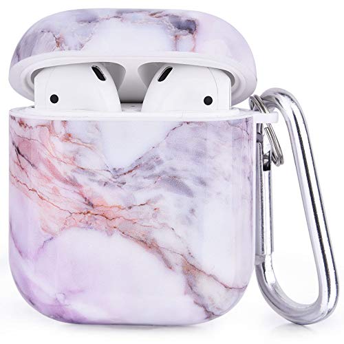 Meilleur étui AirPods pour 2021 4 Étui Airpods, CAGOS Cute Airpod Case Cover for Girls Women, Accessoires Airpod 3 en 1 avec crochets d'oreille, sangles, porte-clés, étuis en marbre compatibles avec Apple Airpods 2 Gen 1 (Lavande)