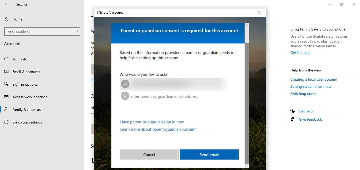 Comment utiliser le contrôle parental sur Windows 10 7 capture d'écran de l'adresse e-mail du tuteur dans Windows 10