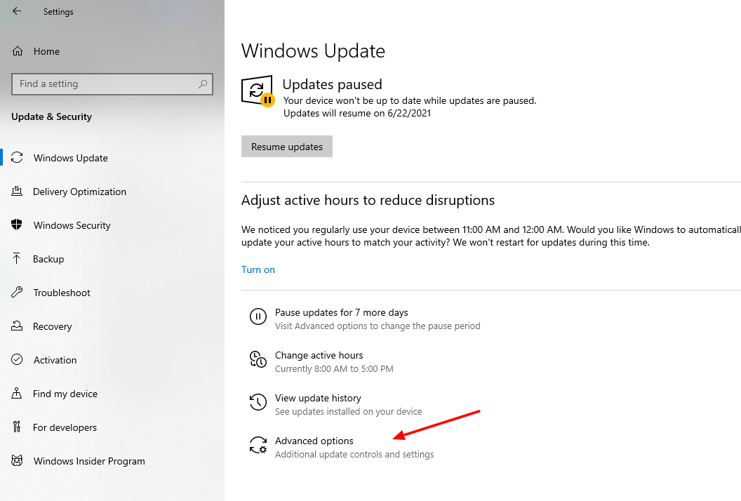 Comment suspendre les mises à jour sur Windows 10 7 capture d'écran des contrôles avancés dans les paramètres de Windows 10