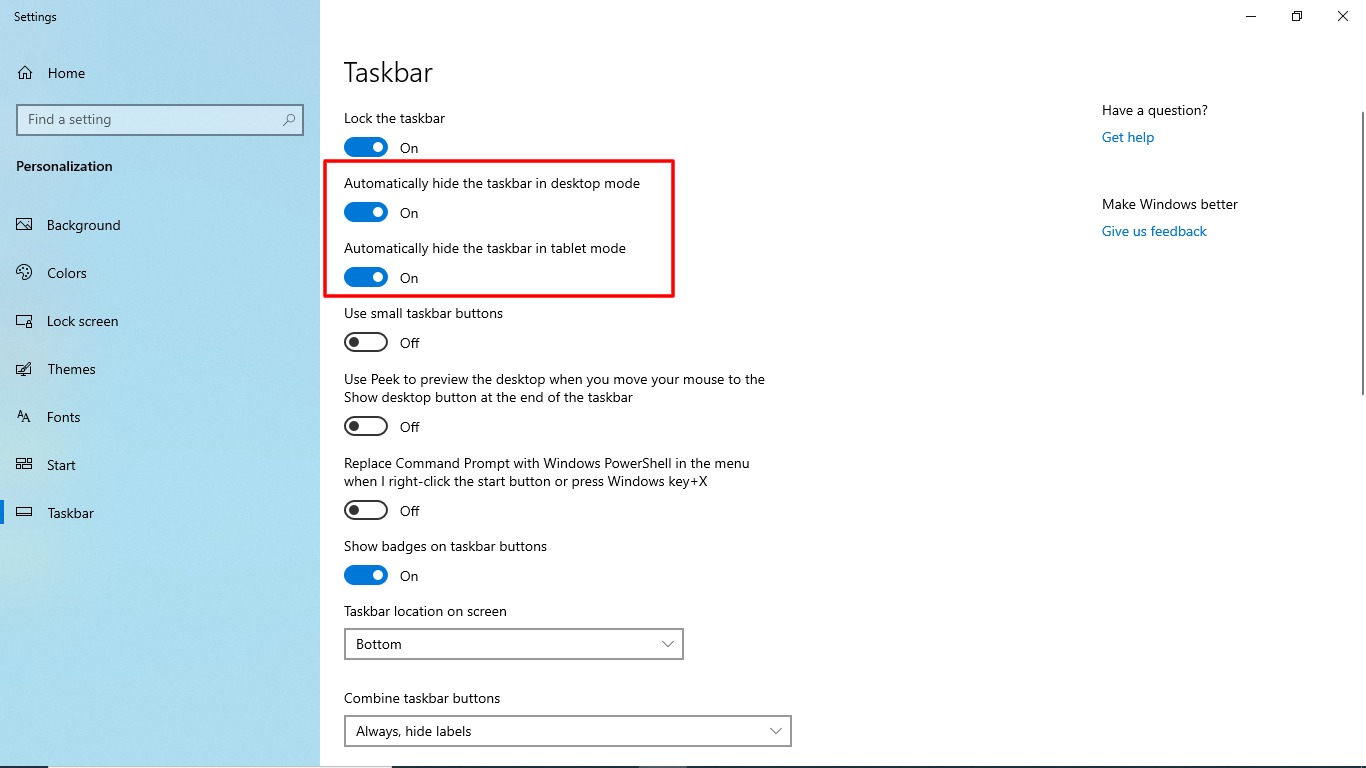 Comment masquer la barre des tâches dans Windows 10 4 capture d'écran du masquage de la barre des tâches dans les paramètres de Windows 10