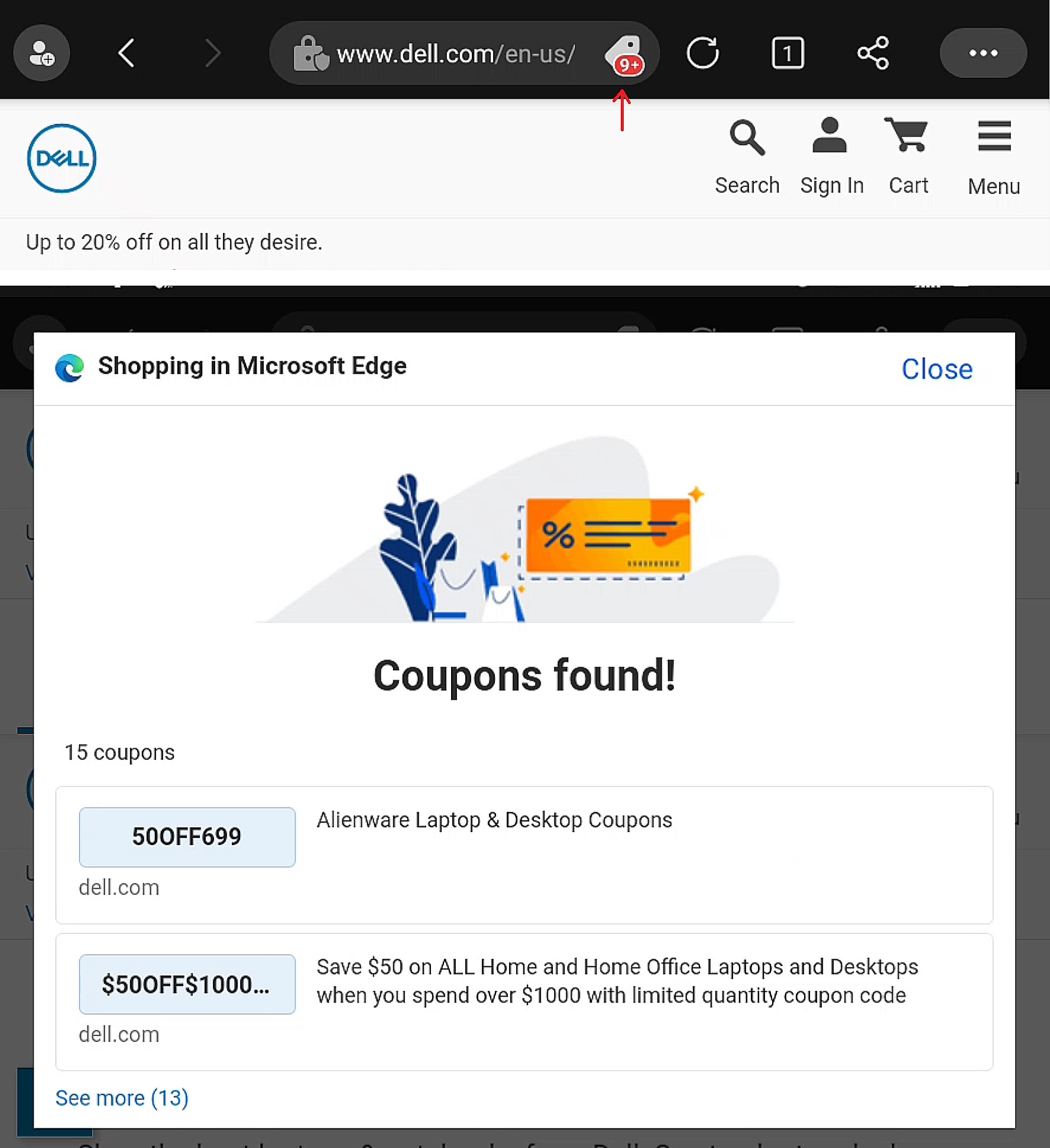 Microsoft Edge Canary sur Android nous aide maintenant dans les achats 2 Coupons dans Microsoft Edge Canary