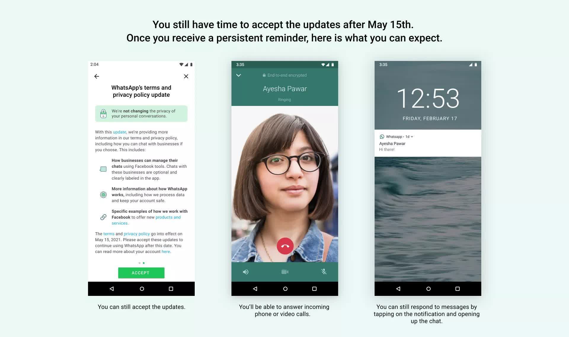 WhatsApp ne supprimera pas les comptes qui refusent de signer la politique de partage de données de Facebook, mais ils seront sévèrement limités 2 WhatsApp ne supprimera pas les comptes qui refusent de signer