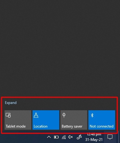 Cómo usar y configurar el Centro de actividades en Windows 10 5 Captura de pantalla del Panel de acción rápida minimizado en el Centro de actividades en Windows 10