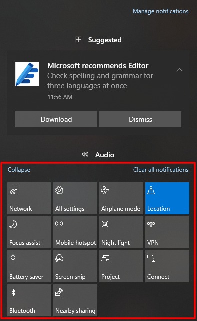 Cómo usar y configurar el Centro de actividades en Windows 10 6 Captura de pantalla de Acciones rápidas extendidas en el Centro de actividades de Windows 10