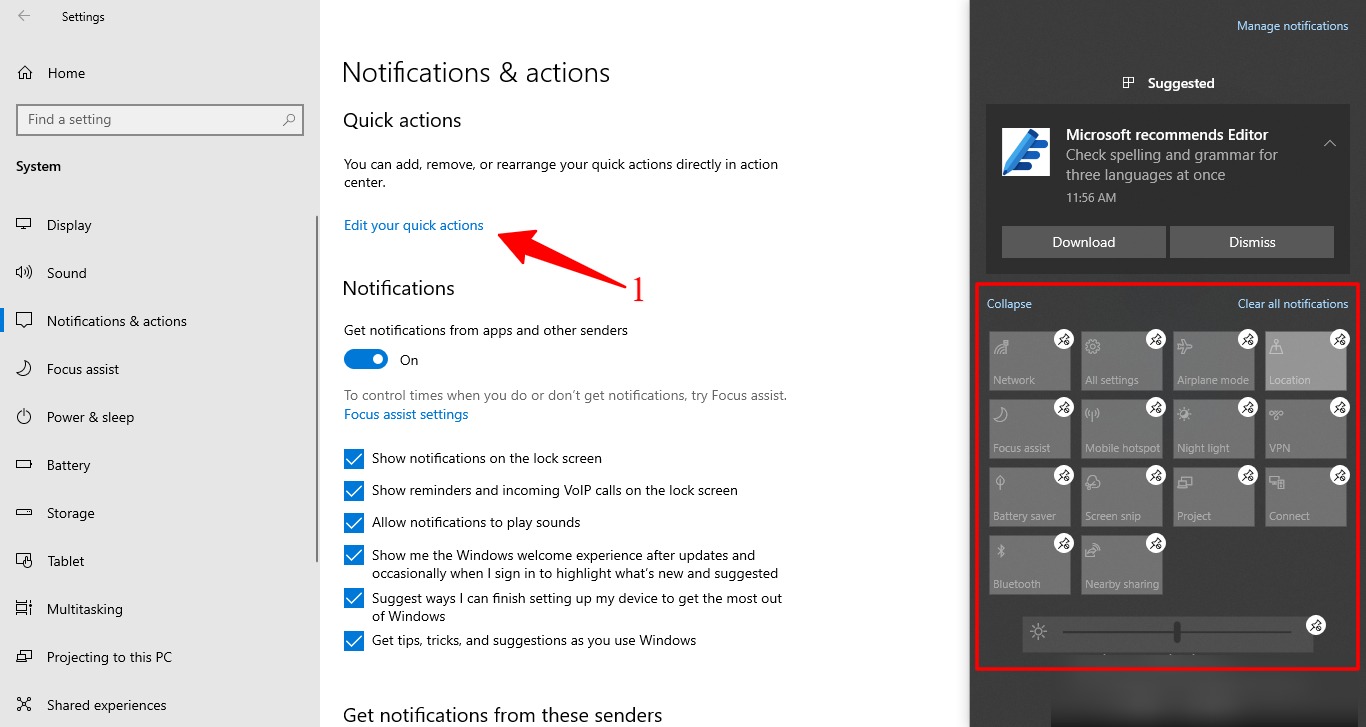 Cómo usar y configurar el Centro de actividades en Windows 10 9 Captura de pantalla de la edición del panel de acción rápida