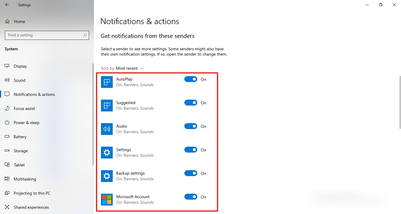Cómo usar y configurar el Centro de actividades en Windows 10 10 Administrar aplicaciones de remitentes en la configuración de Windows 10