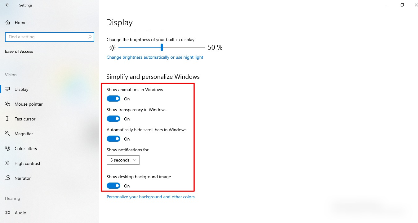 Cómo administrar las funciones de accesibilidad en Windows 10 6 Captura de pantalla de la configuración de pantalla en Windows 10