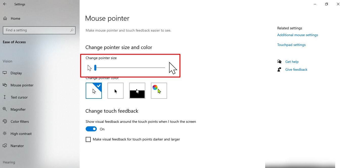 Cómo administrar las funciones de accesibilidad en Windows 10 7 Captura de pantalla del tamaño del puntero del mouse en Windows 10
