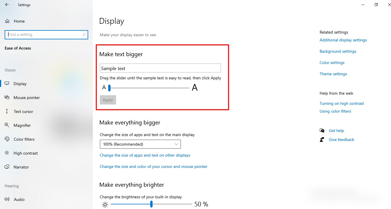Cómo administrar las funciones de accesibilidad en Windows 10 5 captura de pantalla de la función de visualización en Windows 10