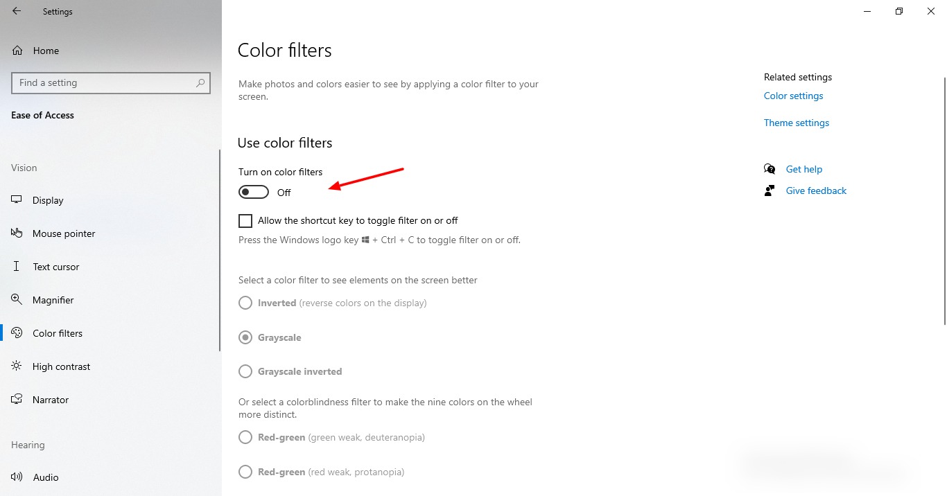 Cómo administrar las funciones de accesibilidad en Windows 10 11 Captura de pantalla de filtros de color en Windows 10