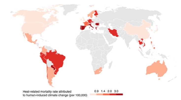 Plus d'un tiers des décès liés à la chaleur sont dus au changement climatique 2 Taux de mortalité liée à la chaleur attribuable au changement climatique sur la période 1991-2018