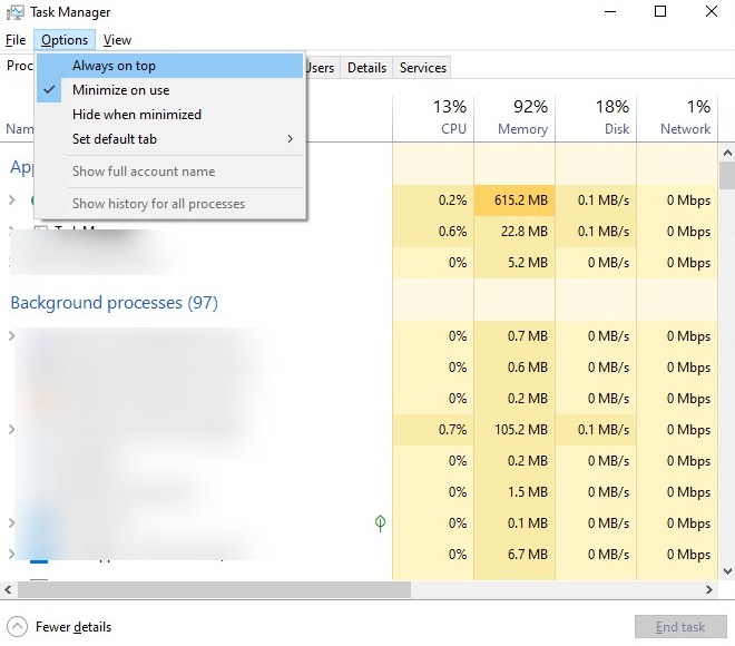 Comment afficher le panneau de performances caché sous Windows 10 4 Capture d'écran de Toujours au top dans le Gestionnaire des tâches de Windows 10