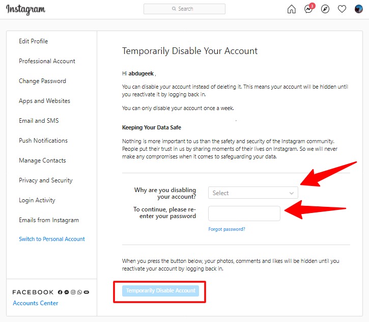 Comment désactiver ou supprimer un compte Instagram 6 désactiver le compte instagram