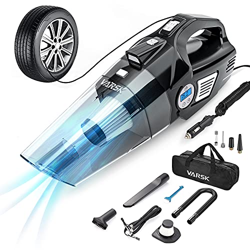 Les meilleurs aspirateurs de voiture en 2021 11 Aspirateur de voiture VARSK 4-en-1, compresseur d'air portable pour gonfleur de pneus avec écran LCD de jauge de pression de pneu numérique et lumière LED, pompe de compresseur d'air 12 V CC, cordon de 15 pieds, filtre HEPA et buses en prime