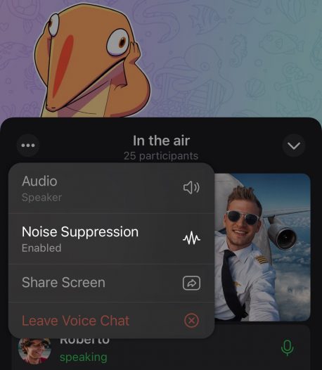 Une capture d'écran de la suppression du bruit dans Telegram