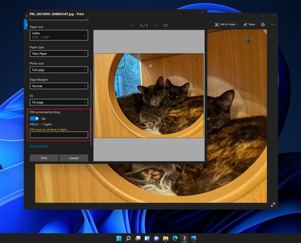 L'impression universelle s'améliore également avec Windows 11 3 Code PIN lors de l'impression