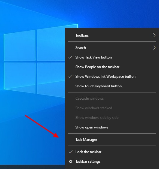Comment afficher le panneau de performances caché sous Windows 10 2 Capture d'écran de Cliquez sur Gestionnaire des tâches sur la barre des tâches dans Windows 10