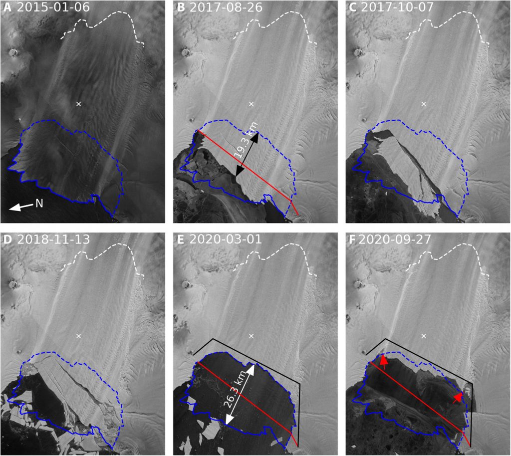 La plataforma de hielo de la Antártida se derrumba 2 Imágenes de glaciares grabadas por el satélite Sentinel-1 entre 2015 y 2020 en el glaciar Pine Island