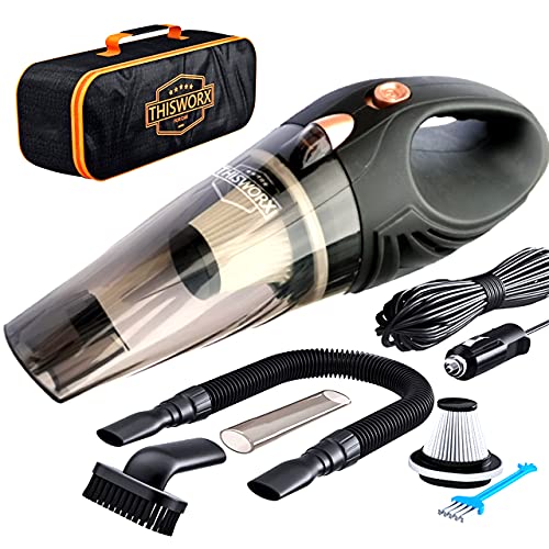 Les meilleurs aspirateurs de voiture en 2021 2 Aspirateur de voiture THISWORX - Portable, haute puissance, aspirateurs à main avec 3 accessoires, cordon de 16 pi et sac - 12 v, kit d'accessoires automatiques pour l'aménagement intérieur - noir