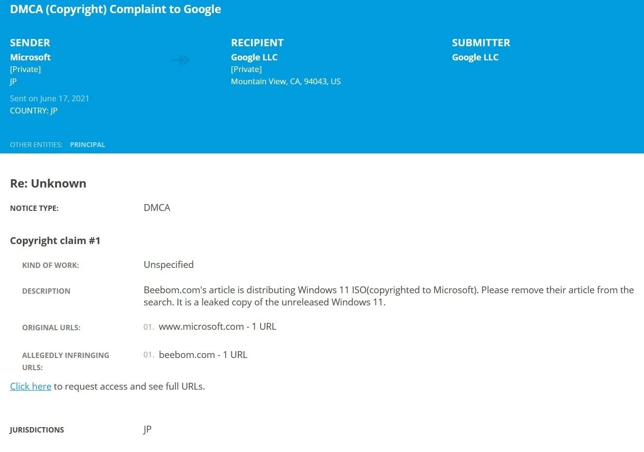 Microsoft confirme l'existence de Windows 11 en poursuivant sa fuite 2 Réclamation DMCA contre Microsoft