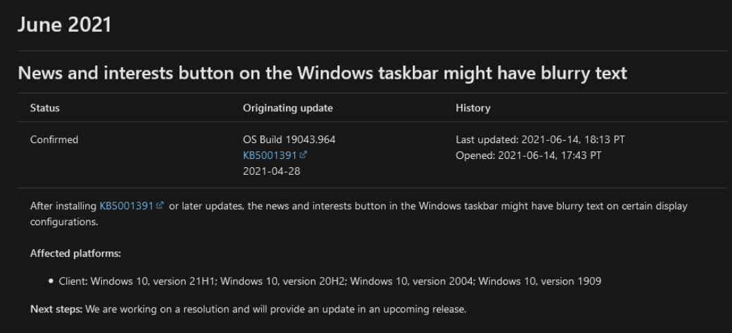 Microsoft corrigera le texte flou sur son bouton Actualités et intérêts récemment ajouté 2 Microsoft corrigera le texte flou sur son bouton Actualites et