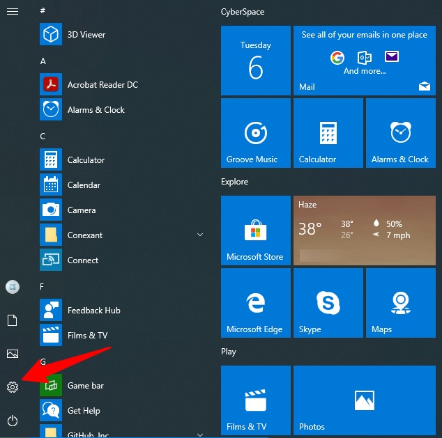 Comment masquer les applications « les plus utilisées » dans le menu Démarrer de Windows 10 3 Capture d'écran de l'icône de la roue dentée des paramètres dans Windows 10