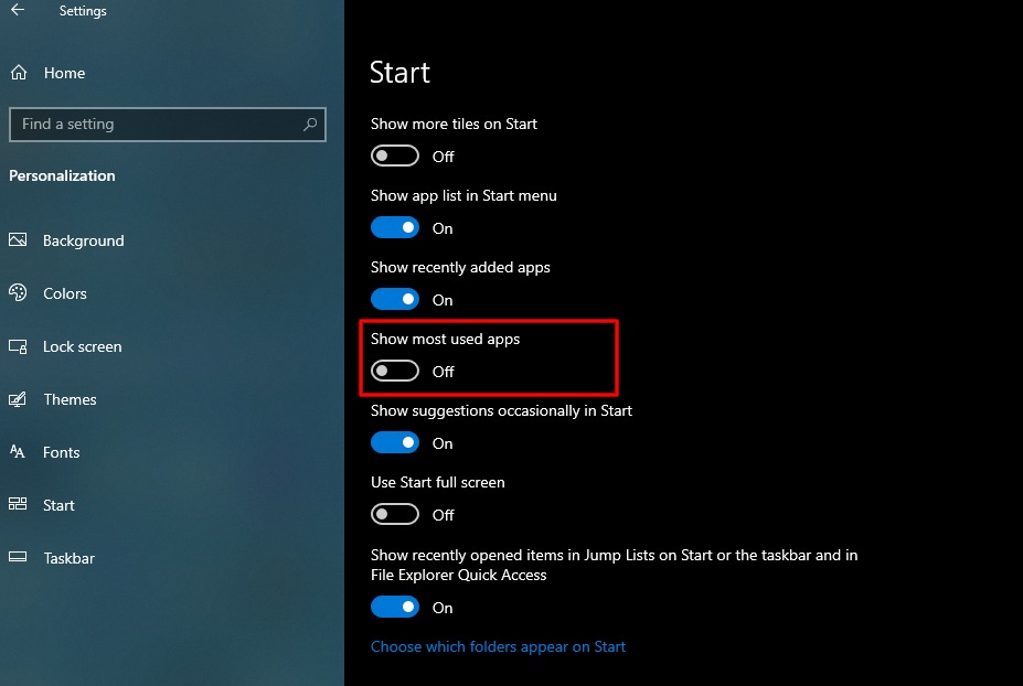 Comment masquer les applications « les plus utilisées » dans le menu Démarrer de Windows 10 6 Capture d'écran de l'onglet Démarrer dans les paramètres de Windows 10