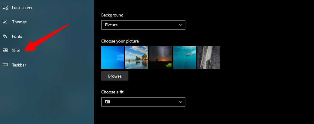 Comment masquer les applications « les plus utilisées » dans le menu Démarrer de Windows 10 5 Capture d'écran de l'onglet Arrière-plan dans les paramètres de Windows 10