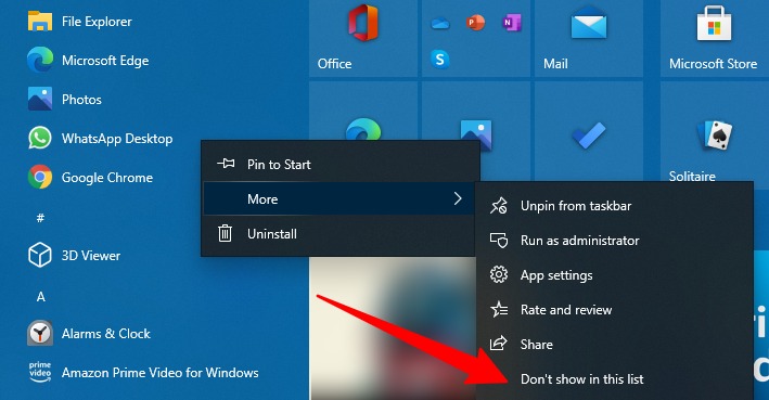 Comment masquer les applications « les plus utilisées » dans le menu Démarrer de Windows 10 8 Capture d'écran de la suppression de l'application de l'application la plus utilisée dans le menu Démarrer