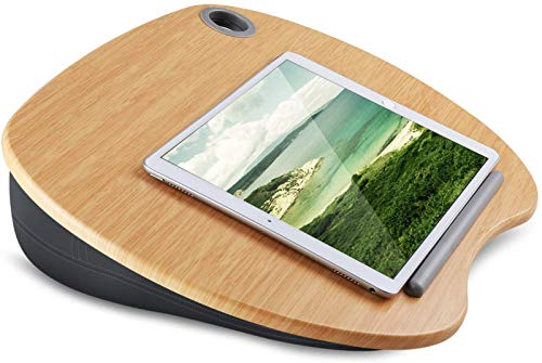 Meilleurs ordinateurs portables pour utiliser votre ordinateur portable au lit en 2021 5 HUANUO Lap Desk - Convient aux ordinateurs portables minces jusqu'à 14 pouces, support pour ordinateur portable avec coussin d'oreiller et plate-forme en bambou sur lit et canapé, avec trou pour câble et bande antidérapante