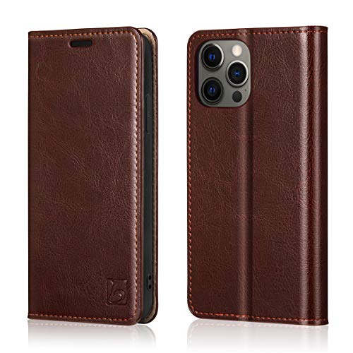 Belemay Compatible avec l'iPhone 12/12 Pro Wallet Case 5G (6.1 '2020) Folio Flip Cover en cuir de vachette véritable [RFID Blocking] Titulaire de la carte de crédit [Soft TPU Shell] Étui pliant à fonction béquille, marron
