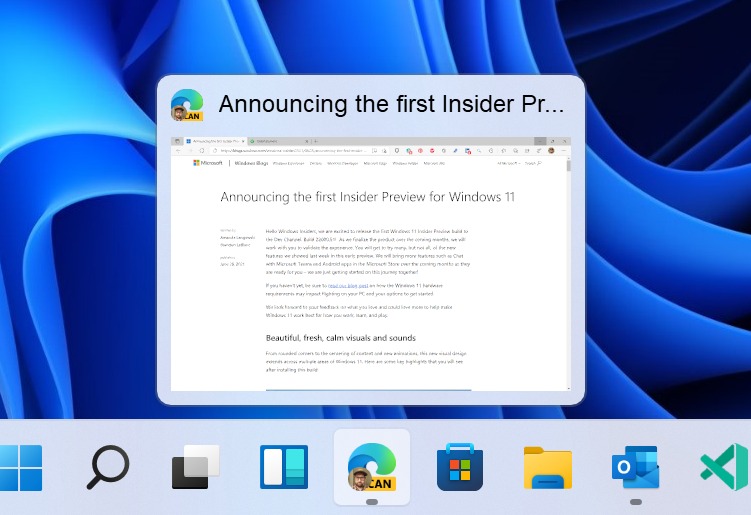 Aperçu de l'application sur la barre des tâches de Windows 11