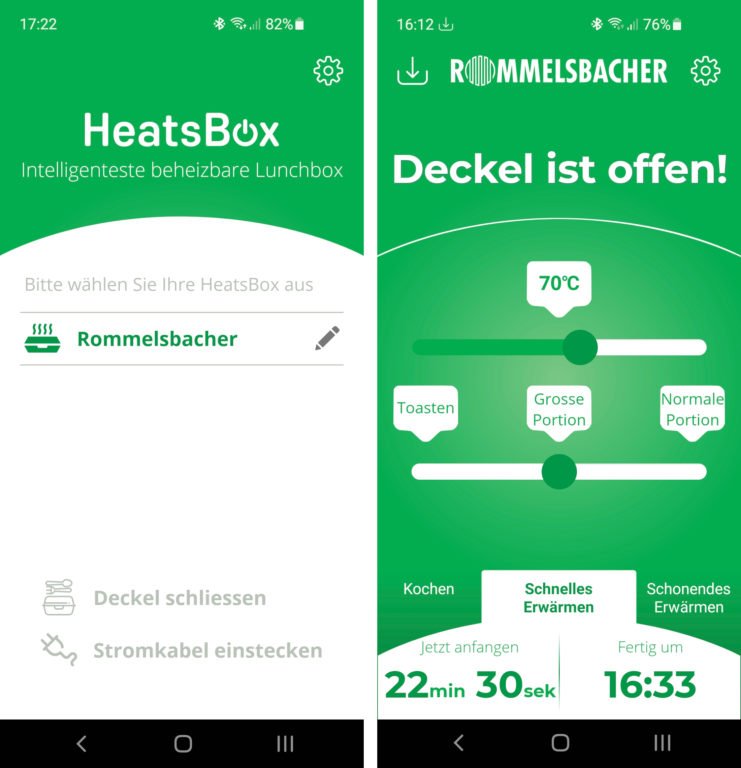 Rommelsbacher HB 100 HeatsBox L'application HeatsBox reconnaît immédiatement la lunchbox Rommelsbacher. Après l'appairage via Bluetooth, il reconnaît également si le couvercle est ouvert ou fermé (Photos : Peter Giesecke)