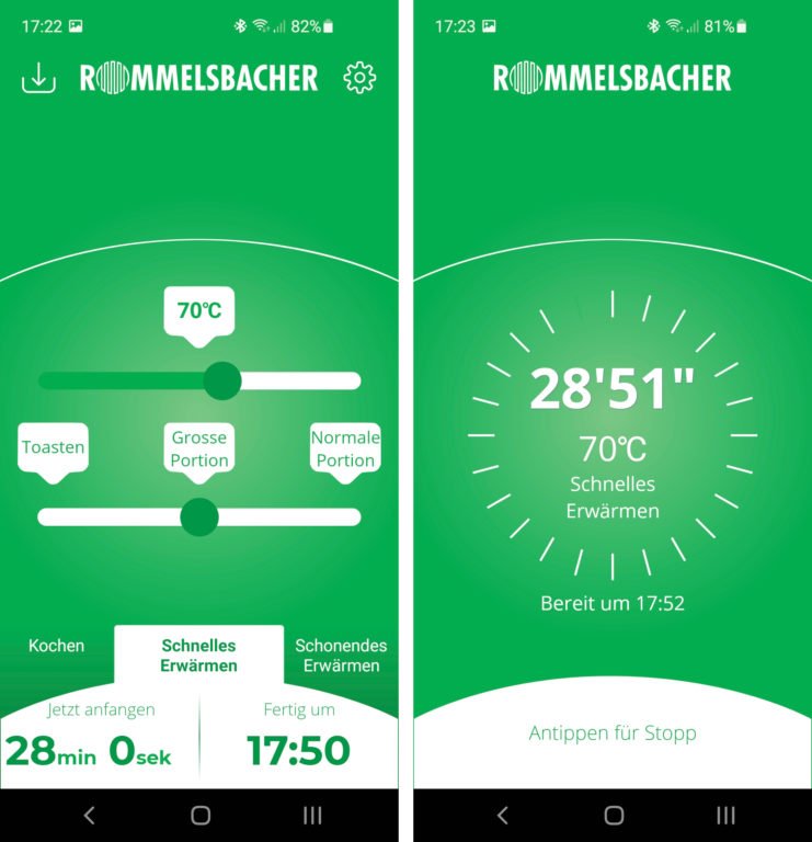 Rommelsbacher HeatsBox dans le test : une lunch box chauffante vous met en appétit 4 Dans l'application HeatsBox, vous pouvez régler la température, la taille des portions, le type de programme et la durée cible. Ensuite, il est montré à quel point la nourriture est chaude et combien de temps cela prendra encore (Photos: Peter Giesecke)