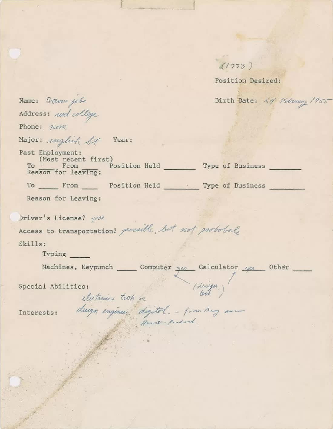 L'application de Steve Jobs de 1973 s'est vendue 300 000 $ de plus sous forme physique que sa version NFT 3 Le formulaire de demande demploi de 1973 de Steve Jobs