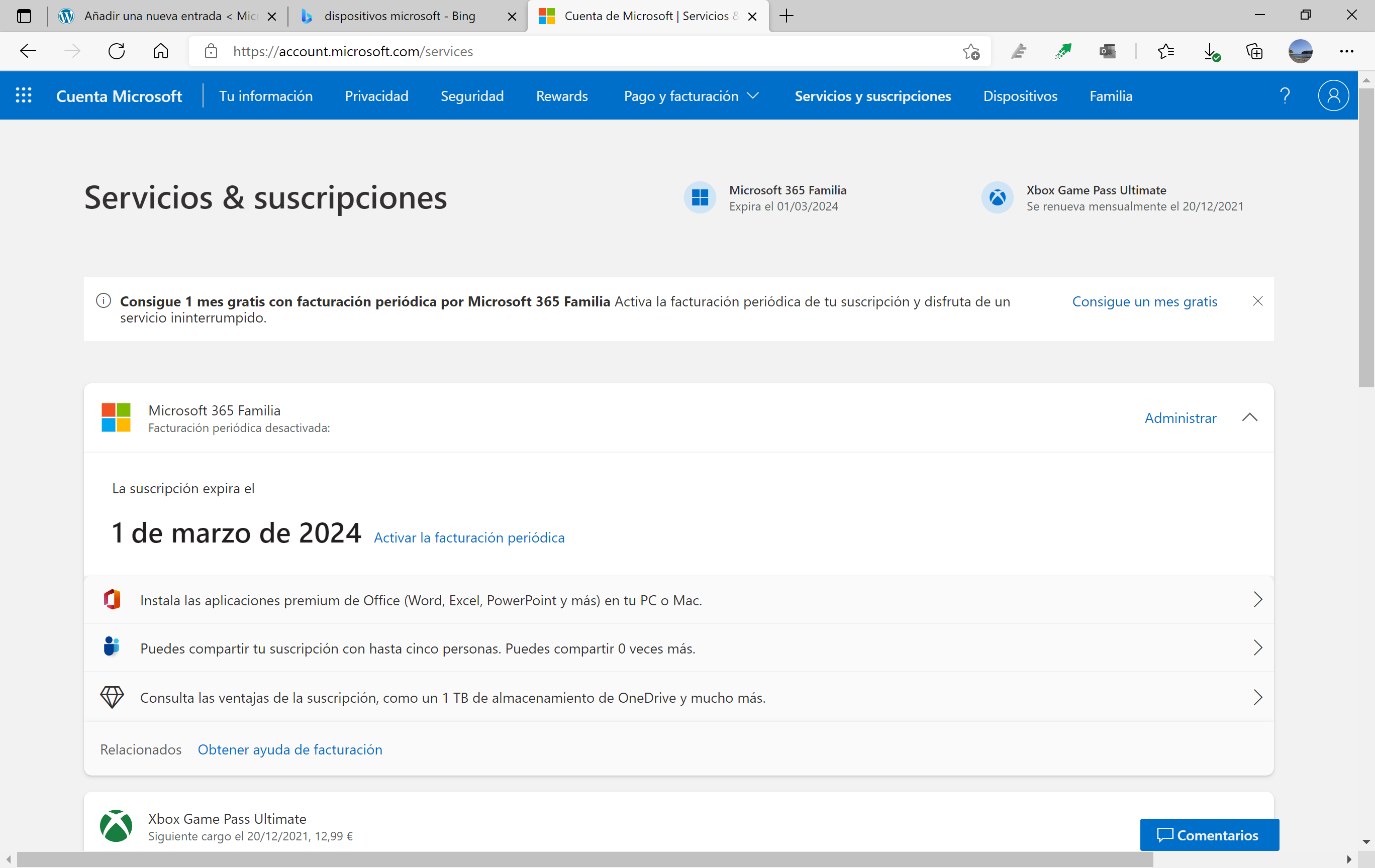 Les pages Microsoft s'adaptent également à Windows 11 2 Abonnements dans le compte Microsoft avec le style de Windows 11