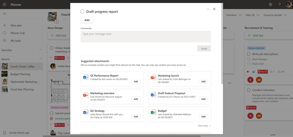 Planner proposera des pièces jointes pour nos tâches sur le Web 2 Pièces jointes suggérées dans Microsoft Planner