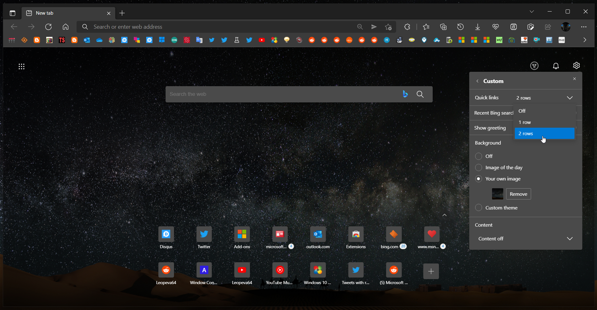 Vous pouvez maintenant avoir deux rangées d'accès dans Microsoft Edge 2 Capture de Leo Varela avec 16 raccourcis