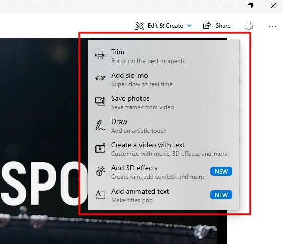 Comment utiliser l'éditeur de vidéo caché dans Windows 10 3 capture d'écran du menu déroulant de l'éditeur vidéo dans Windows 10