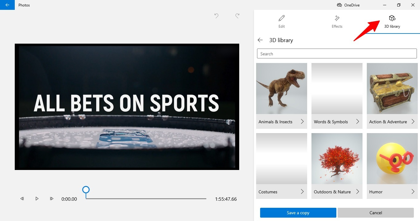 Comment utiliser l'éditeur de vidéo caché dans Windows 10 7 capture d'écran de la bibliothèque 3D dans l'éditeur vidéo de Windows 10