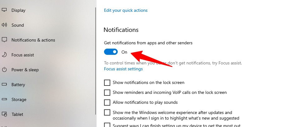 Comment désactiver les notifications dans Windows 10 6 Capture d'écran de la barre de notification Basculer dans Windows 10