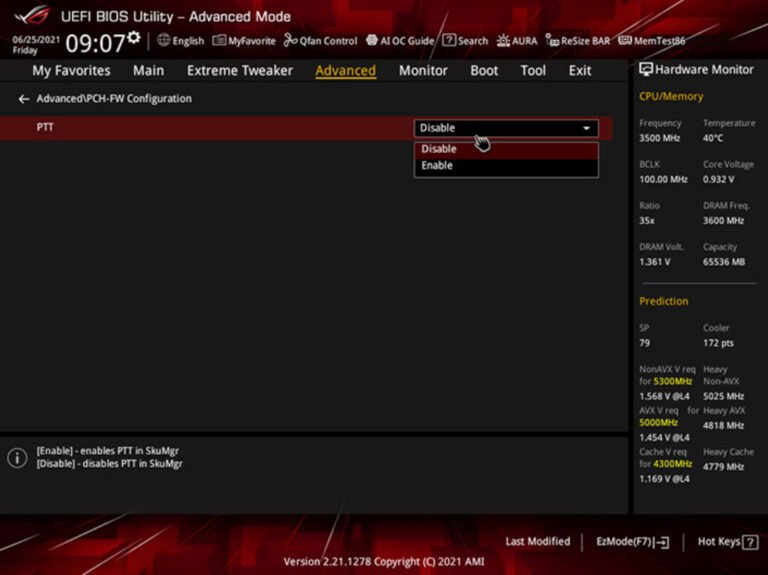 TPM 2.0 : Comment l'activer pour Windows 11 6 Ici sur la photo le BIOS d'une carte mère Asus avec une puce Intel. (Photo : Asus)