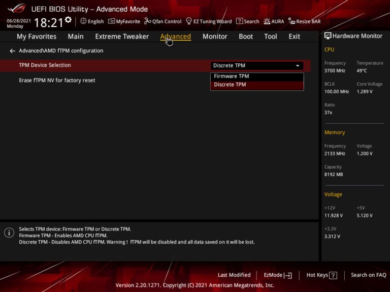 TPM 2.0 : Comment l'activer pour Windows 11 7 Les paramètres du BIOS sont légèrement différents pour les cartes mères avec puce AMD. (Photo : Asus)